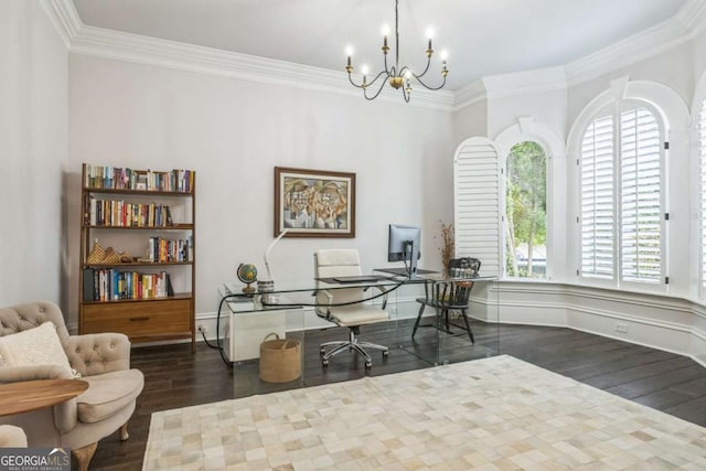 home office with an inviting chandelier, dark wood-type flooring, and a wealth of natural light