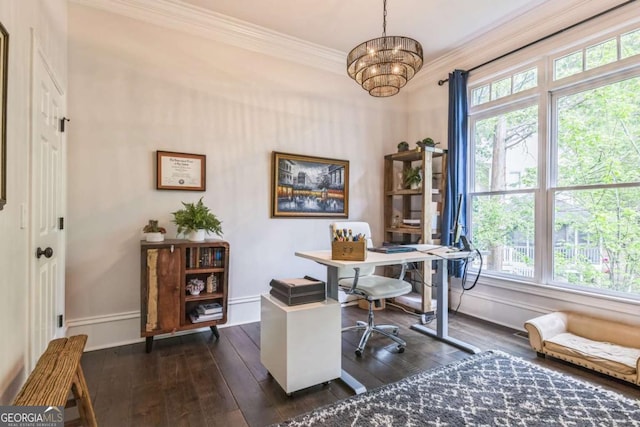 office space with ornamental molding, dark wood-style floors, a notable chandelier, and baseboards