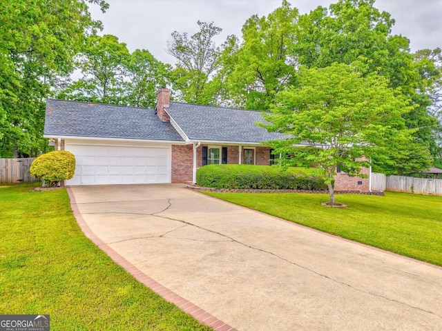ranch-style home featuring brick siding, driveway, a garage, and fence