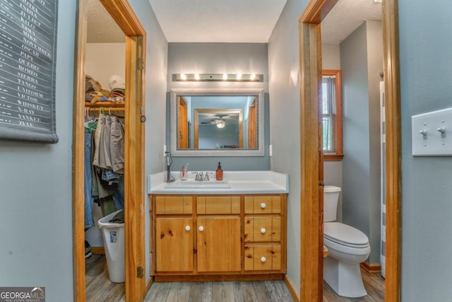 bathroom featuring wood finished floors, toilet, vanity, and a walk in closet