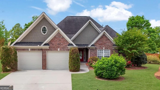 craftsman house with brick siding, driveway, roof with shingles, and a front lawn