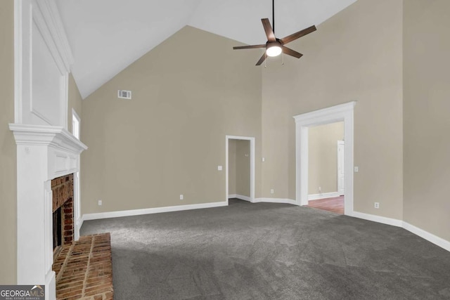 unfurnished living room with a ceiling fan, high vaulted ceiling, visible vents, and dark colored carpet