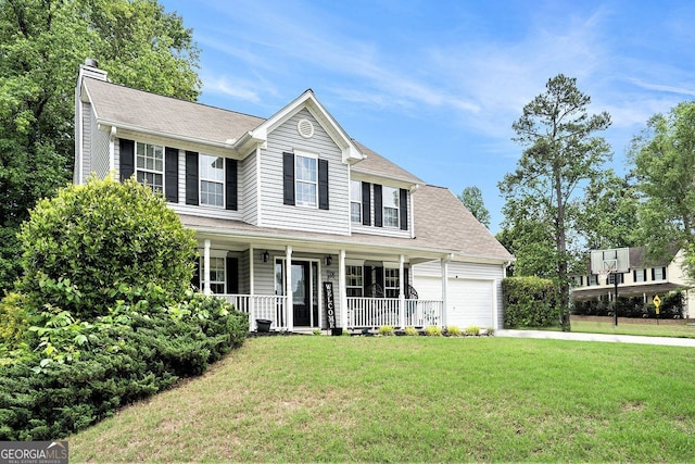 10 Callaway Ct, Hiram, GA 30141 - view of front of home featuring covered porch, a chimney, a front lawn, an attached garage, and concrete driveway