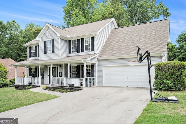 10 Callaway Ct, Hiram, GA 30141 - view of front of home with an attached garage, driveway, covered porch, and a front lawn