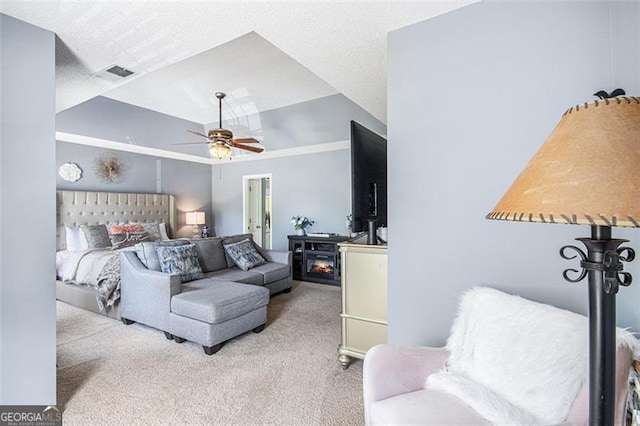 10 Callaway Ct, Hiram, GA 30141 - carpeted bedroom featuring lofted ceiling, ceiling fan, and a fireplace