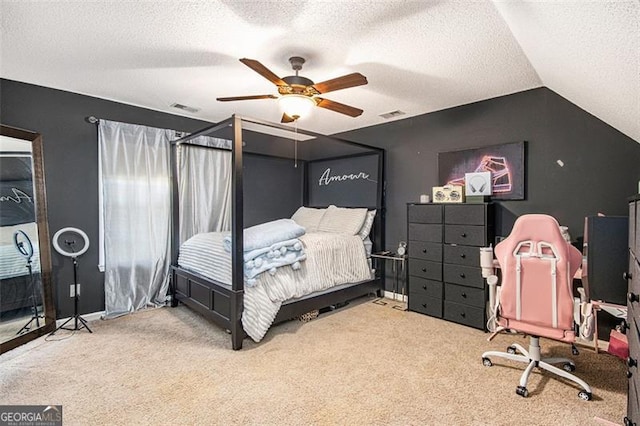 10 Callaway Ct, Hiram, GA 30141 - bedroom featuring carpet floors, a textured ceiling, a ceiling fan, and vaulted ceiling