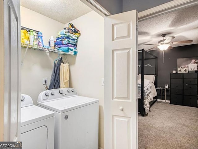 10 Callaway Ct, Hiram, GA 30141 - laundry room featuring a textured ceiling, washer and clothes dryer, ceiling fan, and carpet
