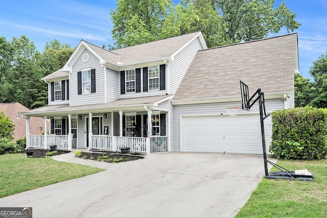 10 Callaway Ct, Hiram, GA 30141 - view of front of home with a garage, concrete driveway, a porch, and a front lawn