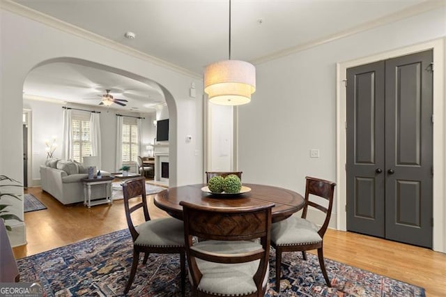 719 Hammond Dr, Woodstock, GA 30188 - dining area with arched walkways, crown molding, light wood-style flooring, and a ceiling fan