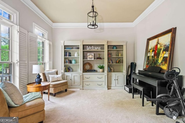 sitting room featuring carpet floors and ornamental molding