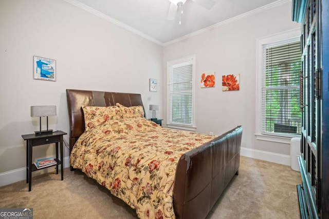 bedroom with baseboards, ceiling fan, light carpet, and ornamental molding