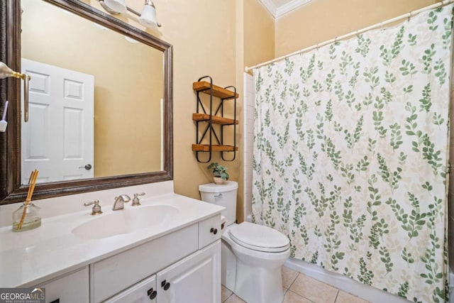 full bathroom with vanity, crown molding, tile patterned flooring, toilet, and a shower with curtain