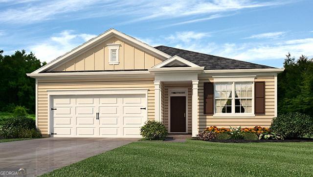 1400 Adirondac Way, Bonaire, GA 31005 - view of front facade featuring a garage, board and batten siding, a front lawn, and concrete driveway