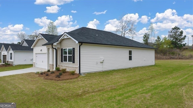 1400 Adirondac Way, Bonaire, GA 31005 - view of side of home featuring stone siding, concrete driveway, a yard, and a garage