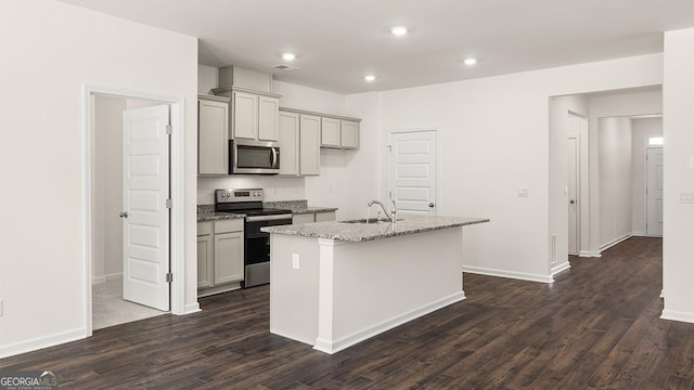 1400 Adirondac Way, Bonaire, GA 31005 - kitchen with a sink, dark wood-style flooring, stainless steel appliances, and a center island with sink