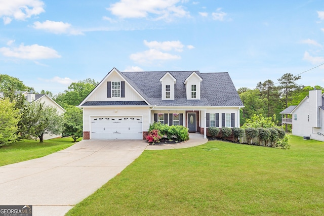 view of front of house featuring a porch, brick siding, driveway, roof with shingles, and a front yard