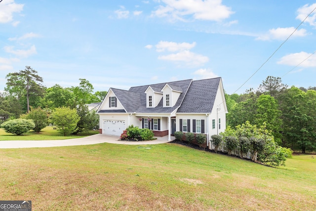cape cod home with a garage, a front lawn, driveway, and roof with shingles