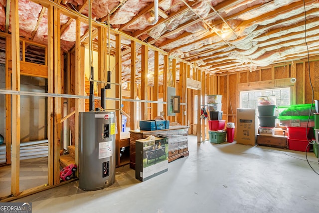 basement with water heater and electric panel