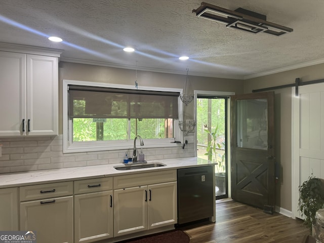 1685 Bailey Creek Rd SW, Conyers, GA 30094 - kitchen with crown molding, a sink, dishwasher, a textured ceiling, and tasteful backsplash