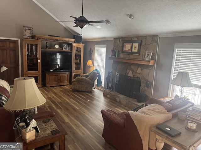1685 Bailey Creek Rd SW, Conyers, GA 30094 - living room with ornamental molding, a fireplace, a ceiling fan, and dark wood-style floors