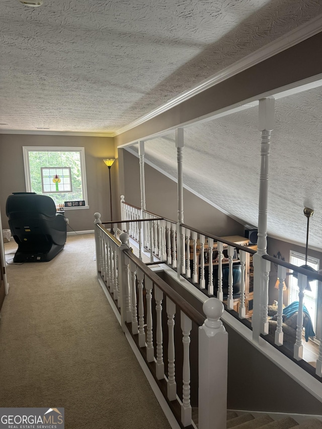 1685 Bailey Creek Rd SW, Conyers, GA 30094 - hall featuring ornamental molding, carpet flooring, a textured ceiling, and an upstairs landing