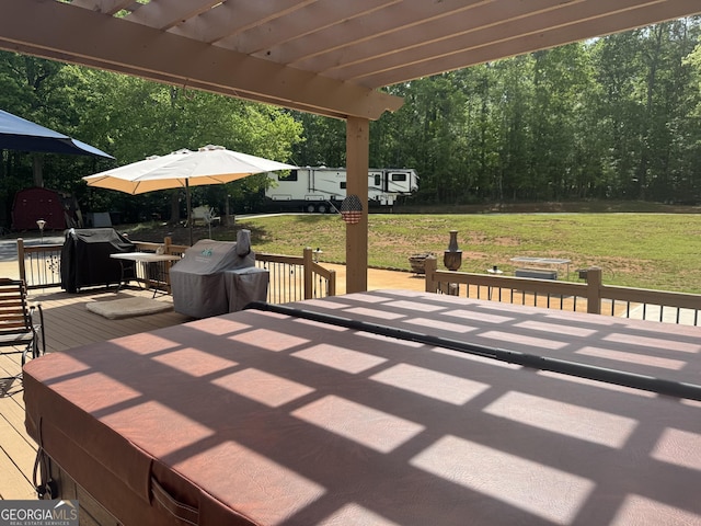 1685 Bailey Creek Rd SW, Conyers, GA 30094 - deck with outdoor dining area, a pergola, a yard, and area for grilling