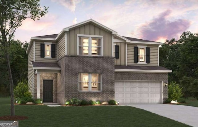 traditional-style home with concrete driveway, board and batten siding, an attached garage, a lawn, and brick siding