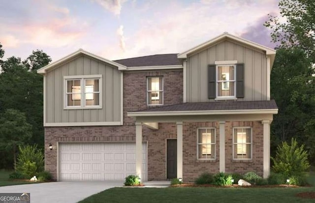 traditional-style home with board and batten siding and brick siding