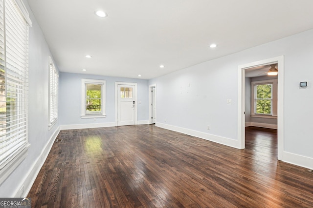unfurnished living room featuring recessed lighting, baseboards, a ceiling fan, and hardwood / wood-style flooring