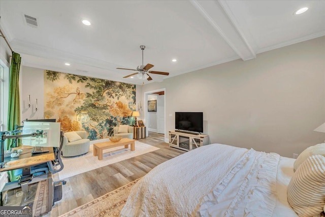 205 River Forest Dr, Forsyth, GA 31029 - bedroom with visible vents, recessed lighting, wood finished floors, and ornamental molding