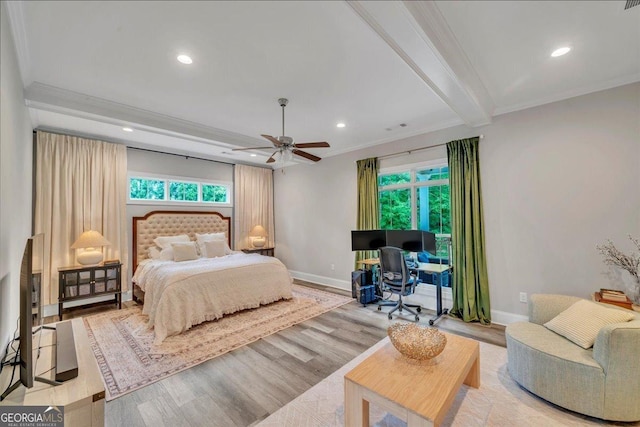 205 River Forest Dr, Forsyth, GA 31029 - bedroom featuring beam ceiling, recessed lighting, baseboards, wood finished floors, and ornamental molding