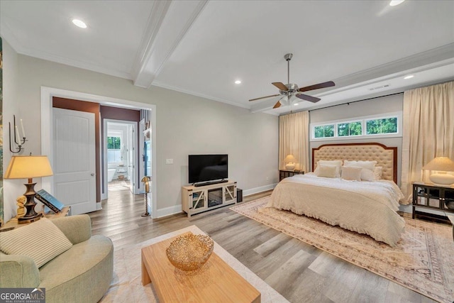 205 River Forest Dr, Forsyth, GA 31029 - bedroom featuring crown molding, beam ceiling, baseboards, light wood finished floors, and recessed lighting