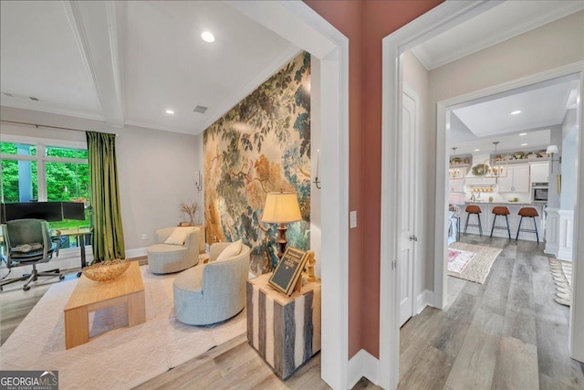 205 River Forest Dr, Forsyth, GA 31029 - living area featuring visible vents, crown molding, wood finished floors, baseboards, and recessed lighting