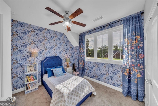 205 River Forest Dr, Forsyth, GA 31029 - bedroom featuring carpet floors, wallpapered walls, visible vents, and baseboards