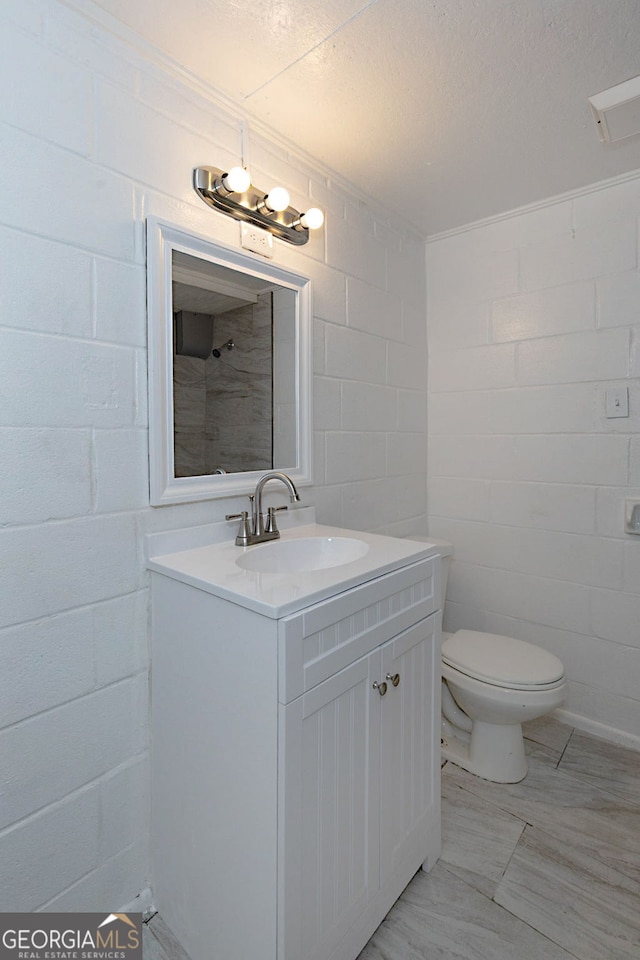 bathroom featuring toilet, vanity, and concrete block wall