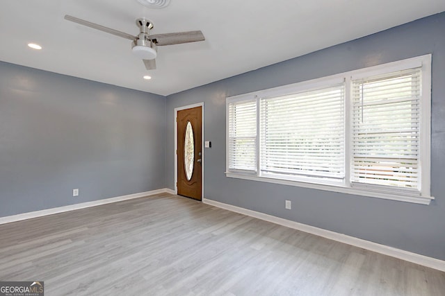 foyer with baseboards, recessed lighting, wood finished floors, and a ceiling fan