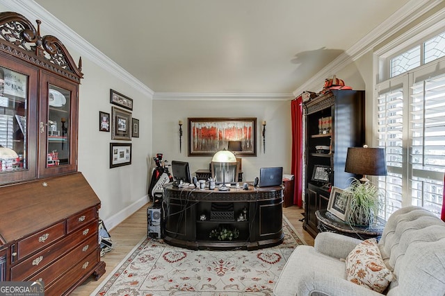 2930 Aquitania Ln, Cumming, GA 30040 - home office with crown molding, light wood-style flooring, and baseboards