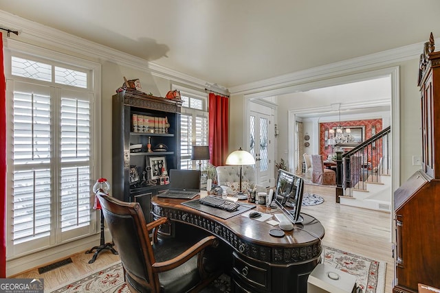 2930 Aquitania Ln, Cumming, GA 30040 - home office featuring ornamental molding, visible vents, and wood finished floors