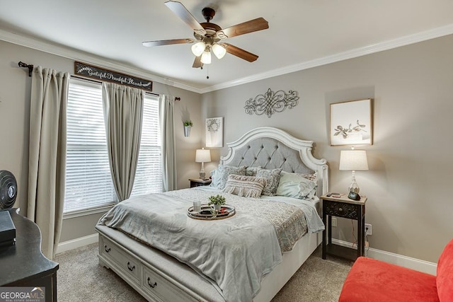 2930 Aquitania Ln, Cumming, GA 30040 - carpeted bedroom featuring a ceiling fan, ornamental molding, and baseboards