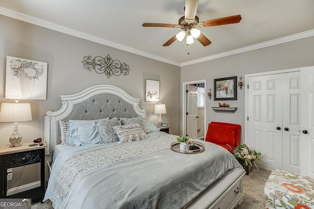 2930 Aquitania Ln, Cumming, GA 30040 - bedroom featuring ceiling fan, a closet, crown molding, and carpet floors