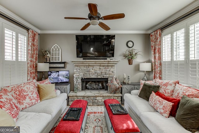 2930 Aquitania Ln, Cumming, GA 30040 - living room featuring crown molding, a ceiling fan, and a healthy amount of sunlight