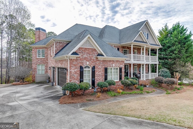 2930 Aquitania Ln, Cumming, GA 30040 - view of front of house featuring a chimney, covered porch, brick siding, concrete driveway, and an attached garage