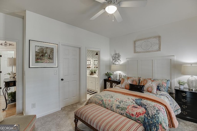 2930 Aquitania Ln, Cumming, GA 30040 - bedroom featuring ceiling fan, ensuite bathroom, and light carpet