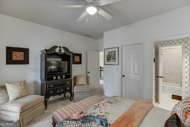 2930 Aquitania Ln, Cumming, GA 30040 - bedroom with visible vents, ceiling fan, and ensuite bath