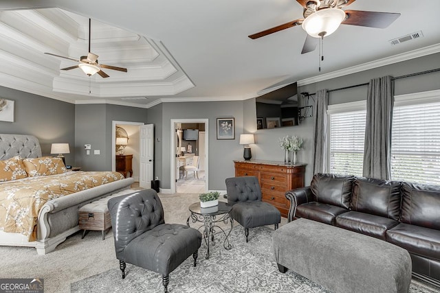 2930 Aquitania Ln, Cumming, GA 30040 - bedroom with ornamental molding, light colored carpet, and a tray ceiling