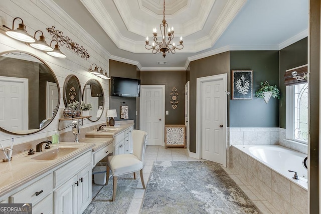 2930 Aquitania Ln, Cumming, GA 30040 - bathroom with an inviting chandelier, ornamental molding, a tray ceiling, and tiled tub