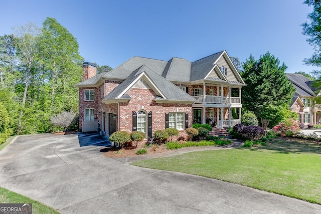 2930 Aquitania Ln, Cumming, GA 30040 - view of front of house featuring a front yard, a balcony, a chimney, aphalt driveway, and brick siding
