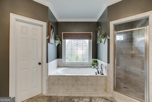 2930 Aquitania Ln, Cumming, GA 30040 - full bath with tile patterned flooring, ornamental molding, a bath, and a stall shower