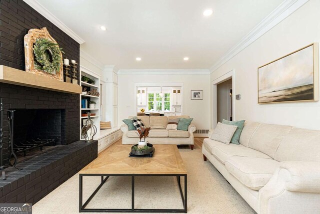 3380 Hill Forest Trl NW, Acworth, GA 30101 - living room featuring recessed lighting, ornamental molding, built in shelves, and a fireplace