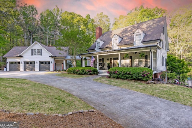 3380 Hill Forest Trl NW, Acworth, GA 30101 - cape cod house with a garage, a front yard, a chimney, a porch, and driveway
